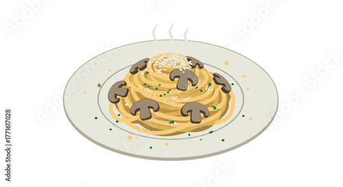 Creamy mushroom pasta on plate with parmesan and herbs in flat style