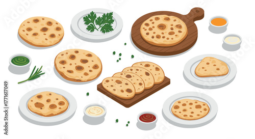 Assorted bread and dips on plates with wooden board in isometric style