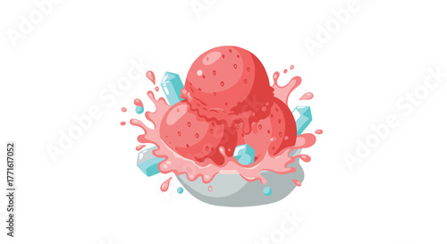 Vibrant strawberry ice cream splash with crystals on white background