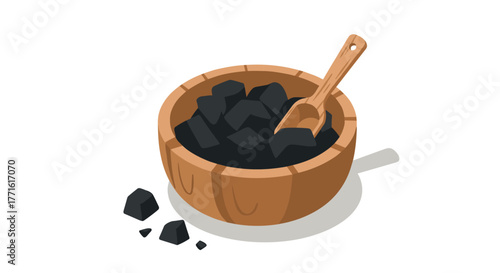 Wooden bowl with charcoal and scoop on white background
