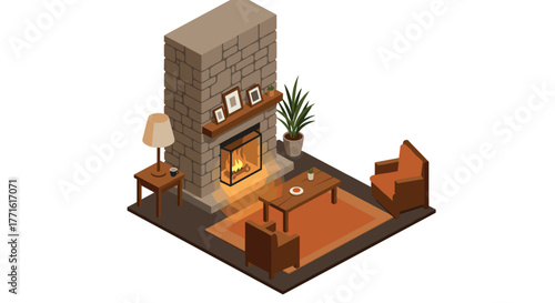 Cozy living room with fireplace in isometric style for modern interior design