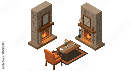 Cozy isometric living room with fireplace, armchair, and coffee table