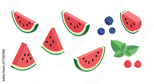 Fresh watermelon and berry composition with mint leaves in flat style