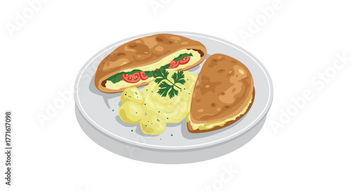 Delicious egg omelette with potatoes on a white plate