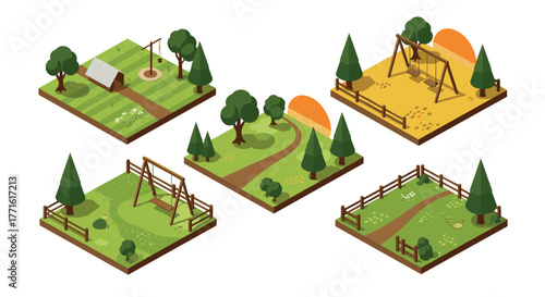Isometric park scenes with trees and swings at sunset