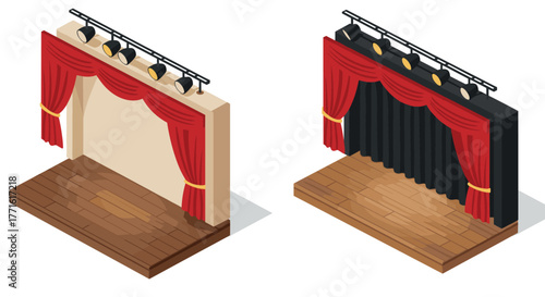 Isometric theater stage design with red curtains and spotlights