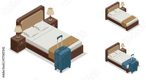 Isometric bedroom with modern bed and suitcase