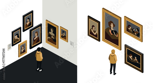 Isometric art gallery viewing with framed paintings and visitors