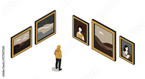 Visitor exploring isometric art gallery with framed paintings on display