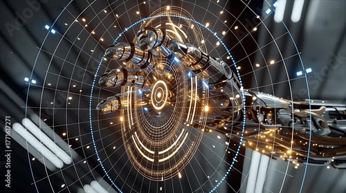 輝く火花とワイヤーフレームが飛び散る、メカニカル・ハンドのクローズアップ | Close-up of a Mechanical Hand with Flying Sparks and Wireframe