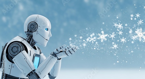 Futuristic robot blowing gentle snowflakes, a modern symbol of winter wonder and technological artistry.