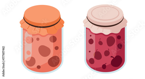 Colorful jars of jam with fruit patterns on a clean white background