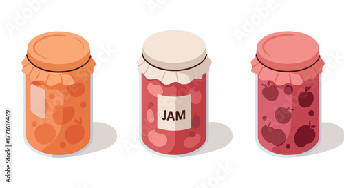 Colorful jars of fruit preserves with brightly colored lids and labels
