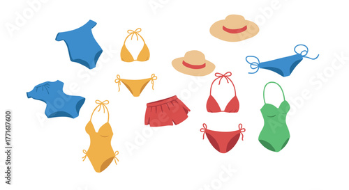 Colorful summer swimwear collection with hats in flat design