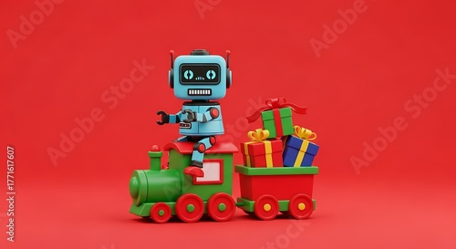 Cute blue robot rides festive green train delivering colorful holiday gifts on red background