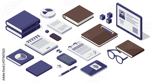 Isometric workspace set with books, digital devices, and office supplies for modern organization