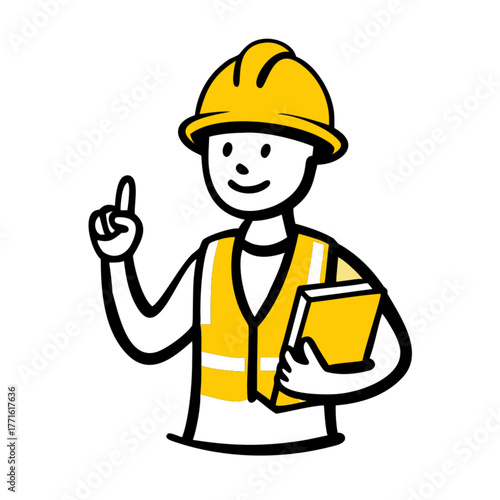 Cute Doodle Construction Worker Holding Clipboard and Pointing Vector Illustration
