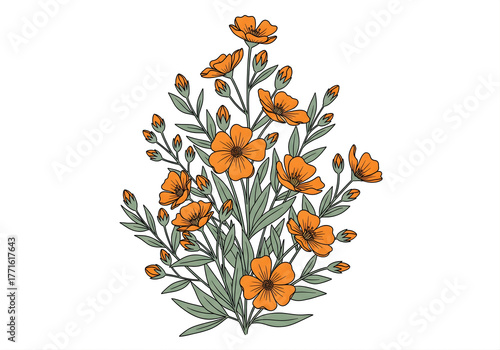 Floral Harmony: Exquisite illustration of vibrant orange flowers and delicate green leaves, symbolizing growth and renewal.