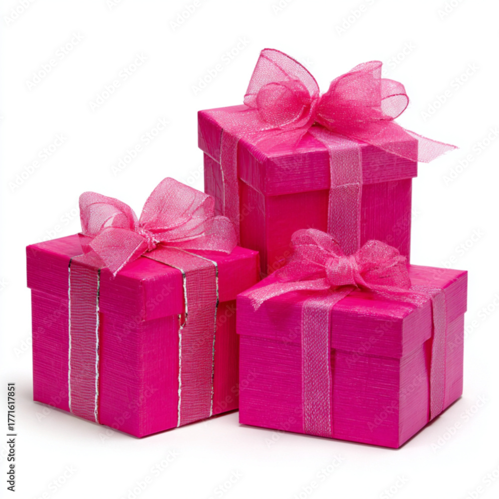 Obraz premium Hot Pink Christmas Gift Boxes on White Background, Festive Holiday Decor Concept