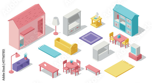 Isometric home furniture collection with pastel colors for modern interiors