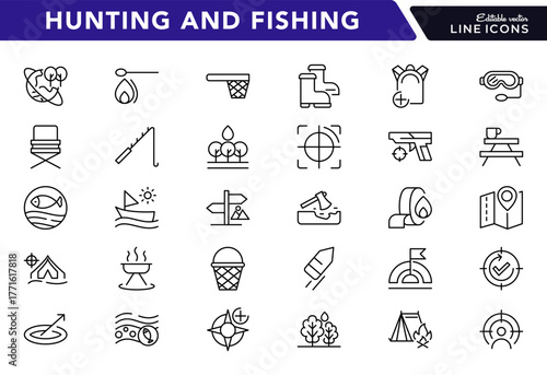 Haunting and fishing line icon set. Fish, activity, hunt, outdoor, arrow, point, binoculars vector icon pack. Ui thin line icons