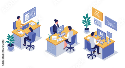 Modern office workspace with professionals working on computers in isometric design