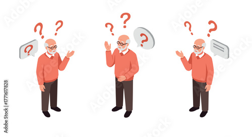 Elderly man pondering in isometric style with question marks