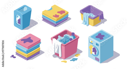 Colorful laundry items in isometric style: baskets, washing machine, stacked clothes