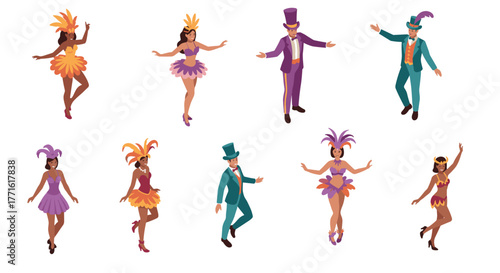 Colorful carnival dancers in vibrant costumes and festive hats