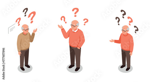 Elderly man pondering with question marks in isometric style on white background