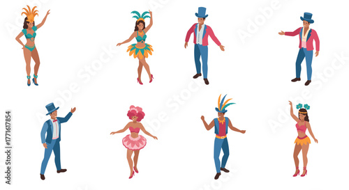 Festive carnival dancers in colorful costumes with top hats and feathers