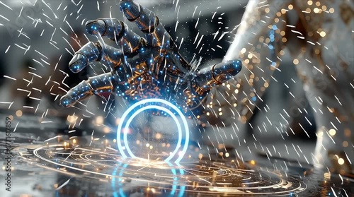 輝く火花と青い光の粒子を放つデジタルインターフェースに触れるサイボーグハンド | Cyborg Hand Touching a Digital Interface Emitting Brilliant Sparks and Blue Light Particles