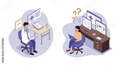 Doctor consulting via video call with curious student in office setting