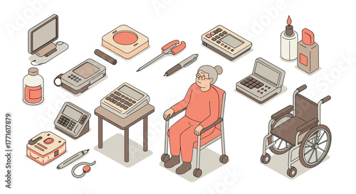 Senior tech and healthcare isometric objects with modern devices and accessibility tools