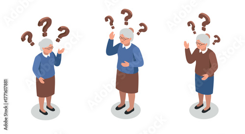 Isometric elderly women with question marks pondering decisions and doubts