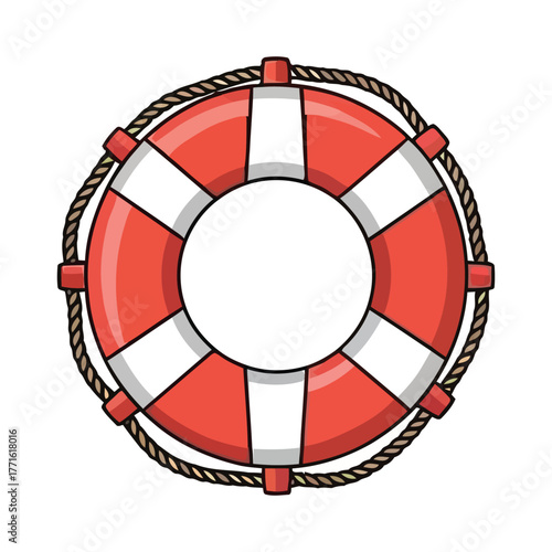 Bright orange and white life preserver ring with rope, a safety device for water emergencies, isolated on a white background