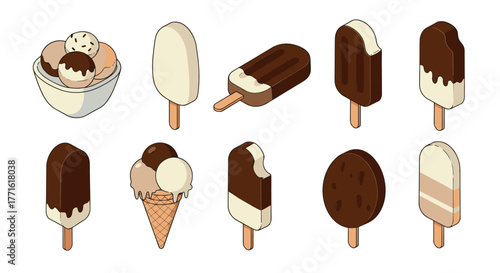 Assorted ice cream treats in isometric 3d design on white background