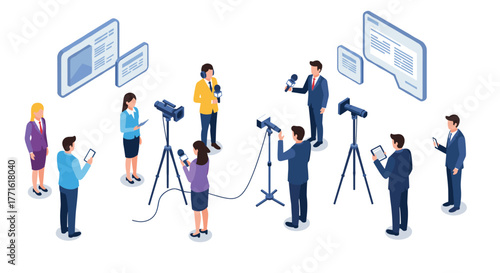 Isometric media crew in action: journalists and cameramen with equipment