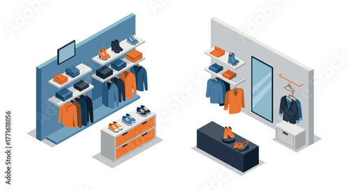 Modern isometric clothing store display with shelves, racks, and mirror in blue and orange theme