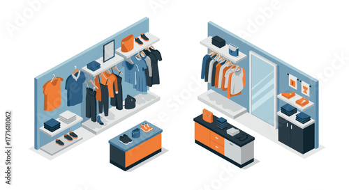 Modern isometric clothing store interior design with shelves and apparel display