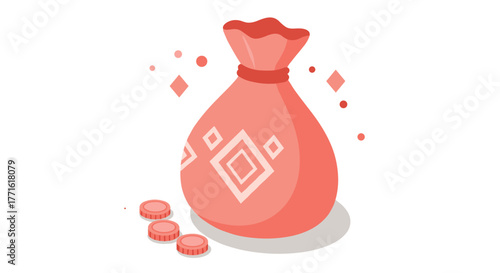 Flat design money bag with geometric patterns and coins