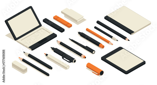 Isometric office supplies set with modern laptop and writing tools