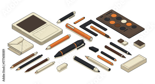 Artistic stationery set in modern isometric design featuring pens, pencils, and notepads