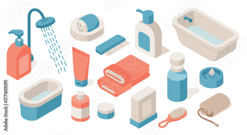Isometric bathroom essentials collection: grooming, hygiene, and beauty decor