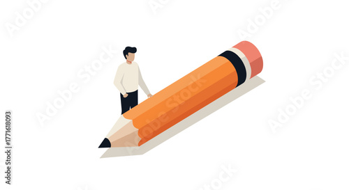 Isometric man with giant pencil for creative concept and design inspiration