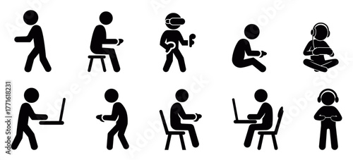 Collection of stick figure icons showing various sitting postures and daily activities such as reading, using a laptop, and resting, designed in minimalist silhouette style for infographic