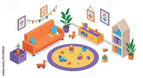 Cozy playroom with toys and colorful decor in isometric style