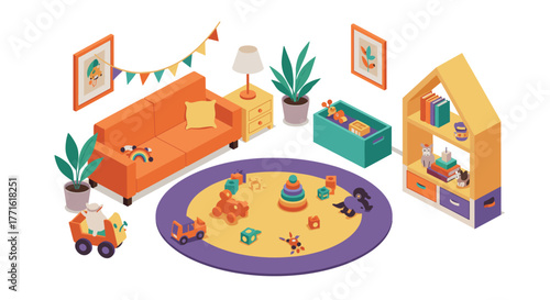 Cozy playroom scene with modern furniture and toys for children