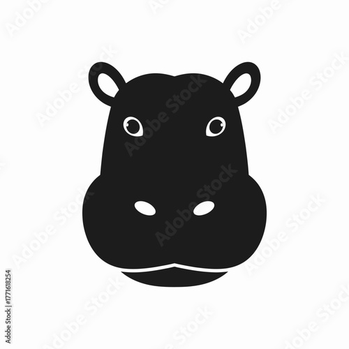 A stylized, black and white illustration of a hippopotamus head, facing forward.
