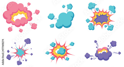 Colorful cartoon explosion set with clouds and blast effects